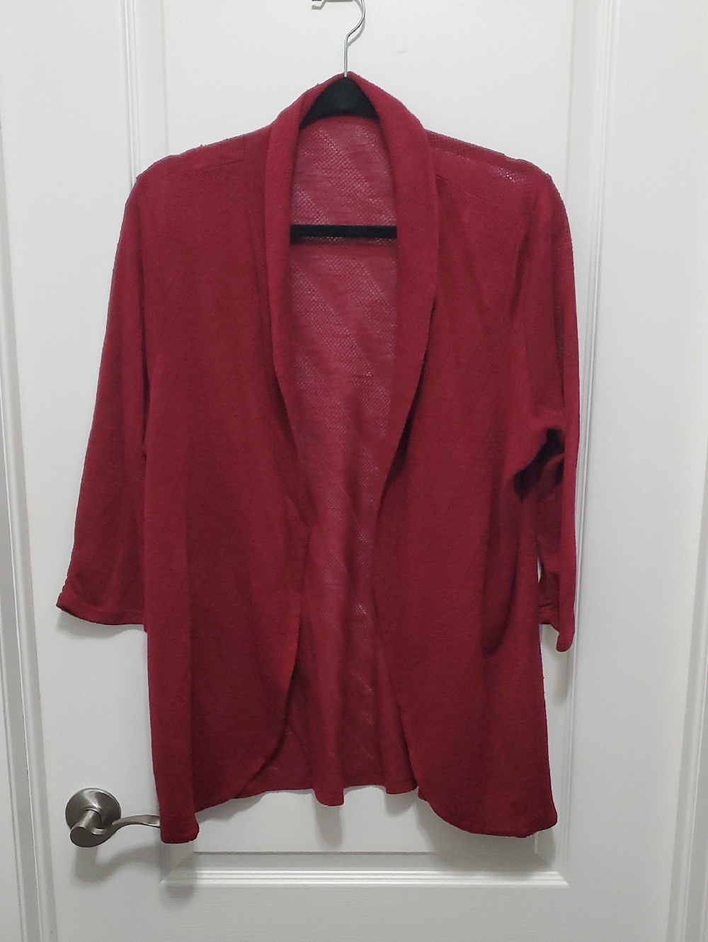 Open-Front Shawl Collar Cardigan Sweater in Deep Burgundy Red